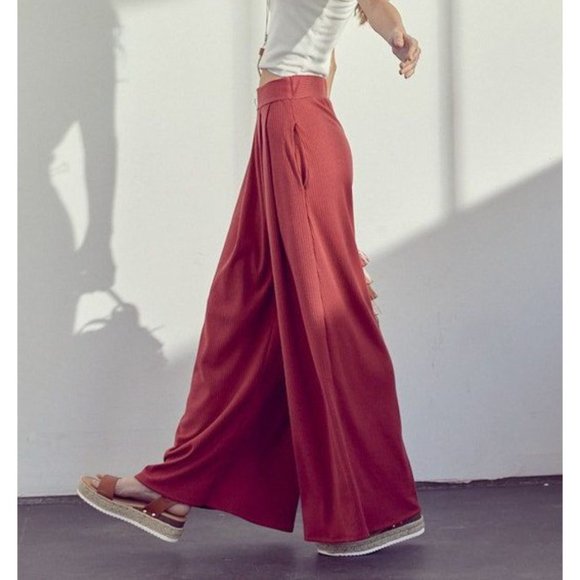Terracotta Wide Leg Ribbed Pants - Picture 5 of 6